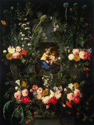 Garland of flowers around a cartouche with Jesus and St. John the Baptist as children